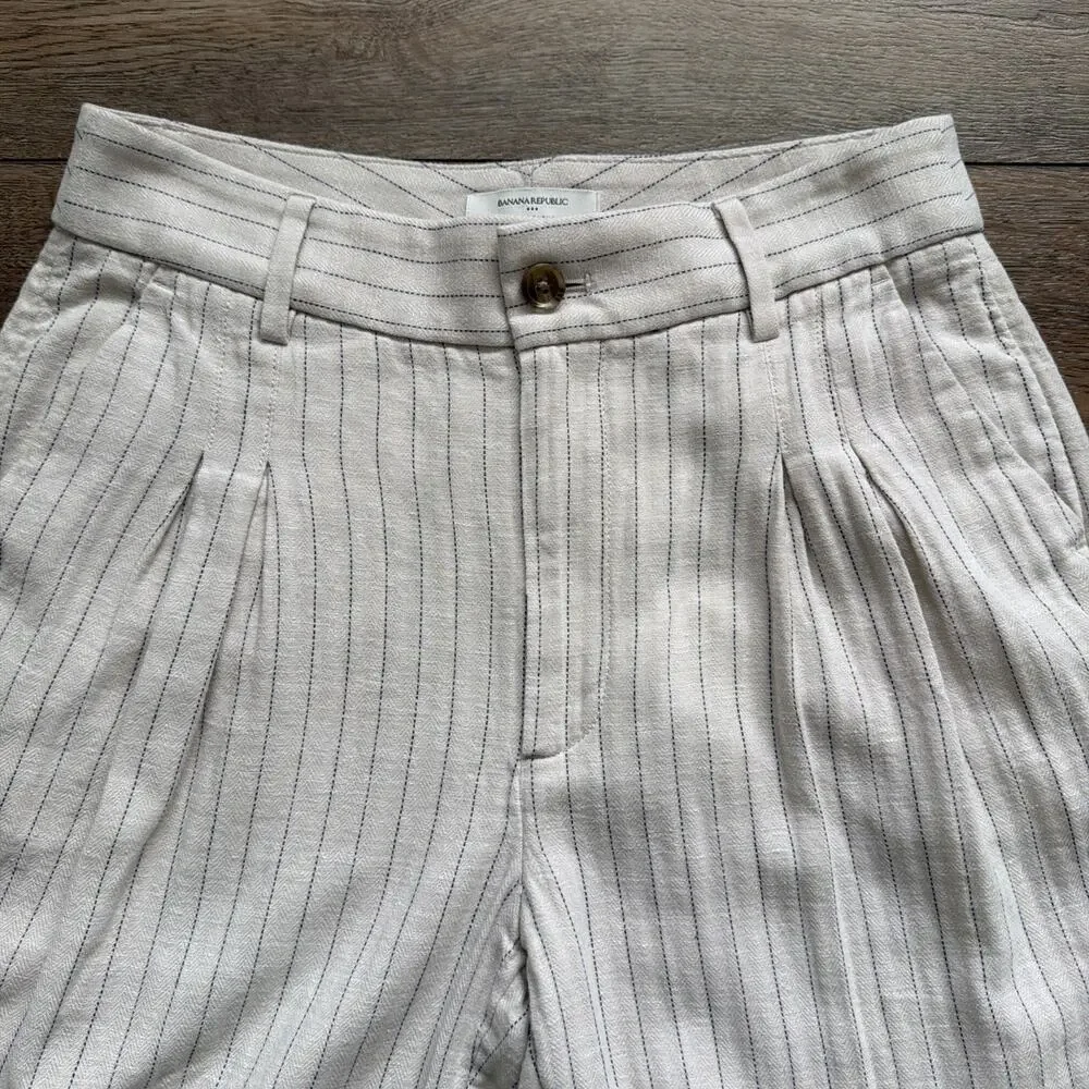 Banana Republic Factory Linen-Blend Pants Women 6 Beige Striped Pleated Academia